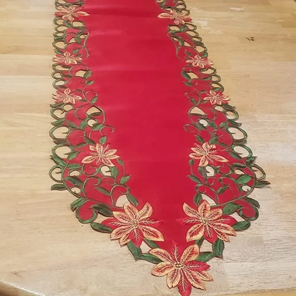 Christmas Table Runner Red Embroidered Decorative Cloth Holiday Decor Decoration